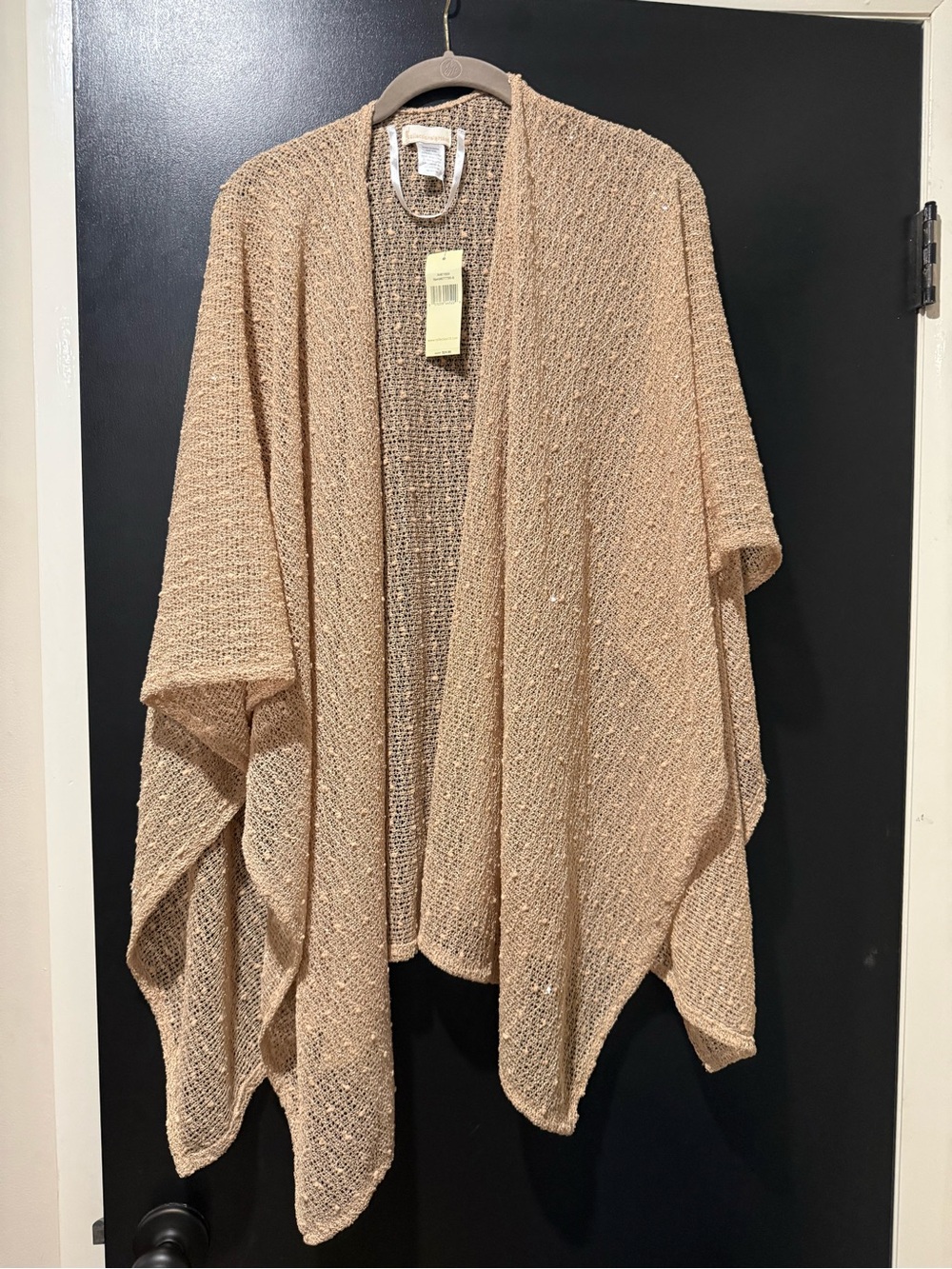 BOGO Open-Front Knit Wrap Poncho in Beige with shimmer detail